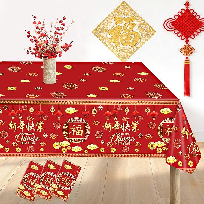 2026 Lunar New Year Horse Red Gold Plastic Tablecloth Lantern Cloud 3 Pack