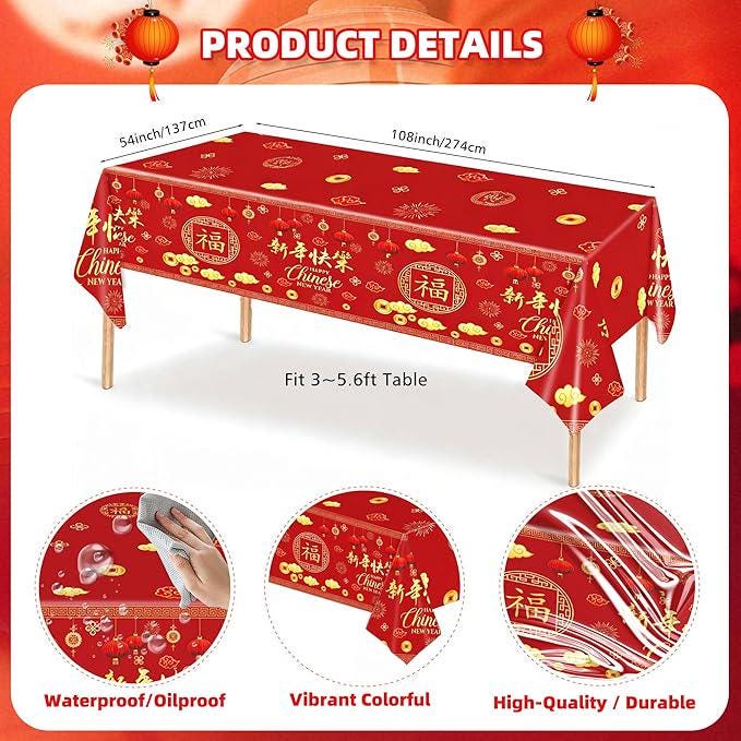 2026 Lunar New Year Horse Red Gold Plastic Tablecloth Lantern Cloud 3 Pack