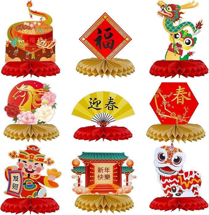 18 Pcs 2026 Chinese Lunar New Year Party Decorations Red Lanterns Honeycomb Centerpieces Garland