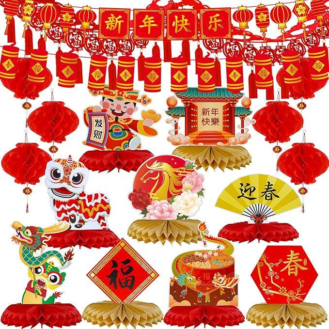 18 Pcs 2026 Chinese Lunar New Year Party Decorations Red Lanterns Honeycomb Centerpieces Garland