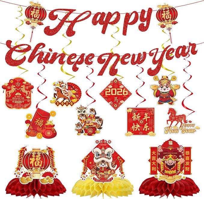2026 Chinese New Year Banner Hanging Swirls Honeycomb Centerpieces Horse Red Gold Decor