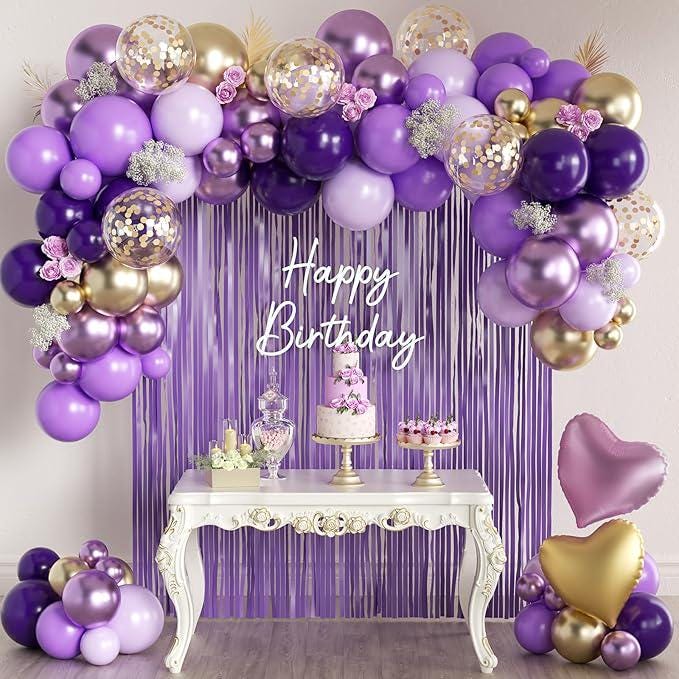 157 Pcs Purple Gold Balloon Garland Arch Kit with Fringe Curtain Decor