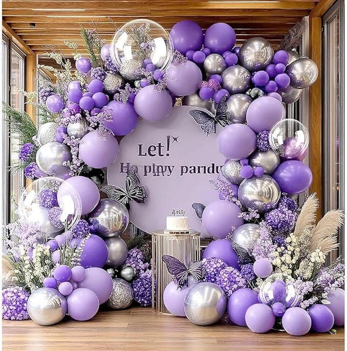 Purple Silver Balloon Arch Garland Kit with Double Stuffed and Bobo Balloons