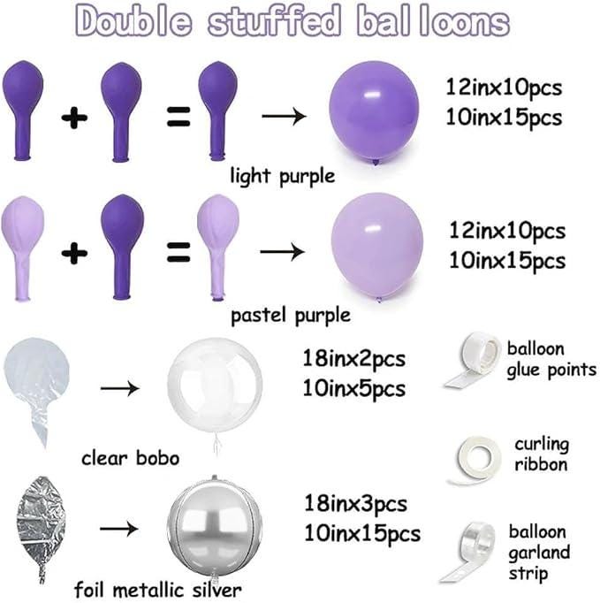 Purple Silver Balloon Arch Garland Kit with Double Stuffed and Bobo Balloons