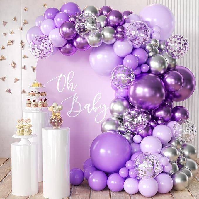 Purple Silver Balloon Garland Arch Kit 155 Pcs Lavender Lilac Confetti Balloons