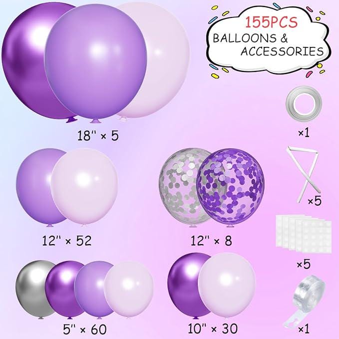 Purple Silver Balloon Garland Arch Kit 155 Pcs Lavender Lilac Confetti Balloons