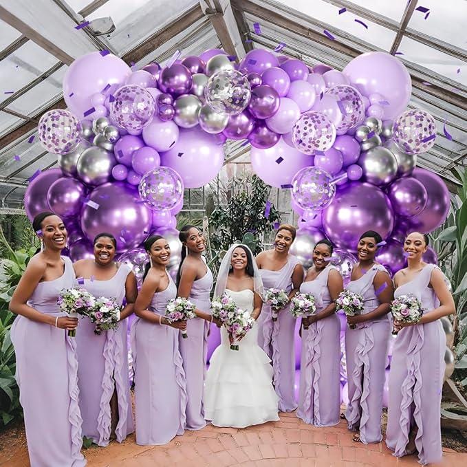 Purple Silver Balloon Garland Arch Kit 155 Pcs Lavender Lilac Confetti Balloons