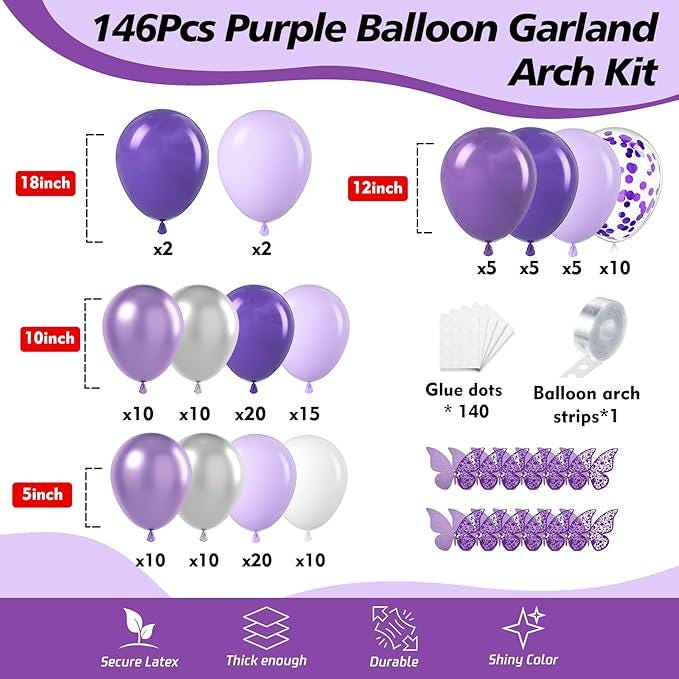 150 Pcs Purple Balloon Garland Arch Kit Lavender Metallic Confetti Silver White Balloons