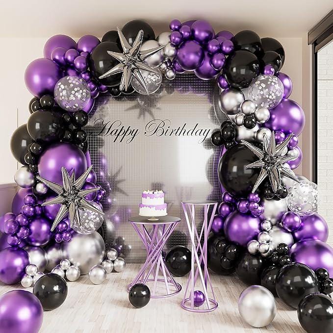 127 Pcs Metallic Purple Balloon Garland Arch Kit Silver Confetti Balloons Party Decor