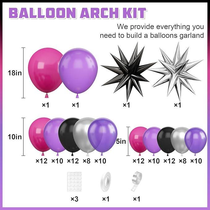 Hot Pink Purple Balloon Arch Kit Black Star Foil Balloons Party Decor