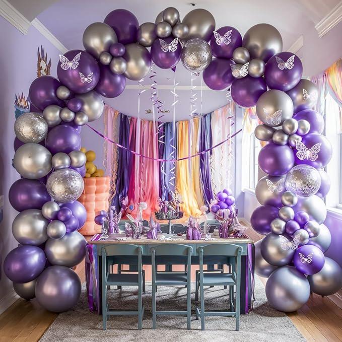 Purple Silver Balloon Arch Kit Metallic Butterfly Balloons Party Decorations