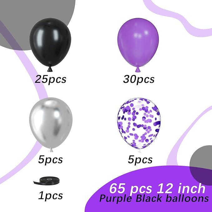 Purple Black Silver Balloons 65pcs 12 Inch Confetti Party Decorations