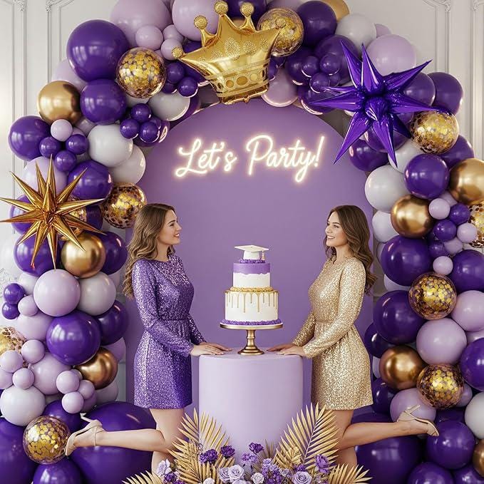 Royal Purple Gold White Balloon Garland Kit 126pcs Starburst Crown Party Decorations