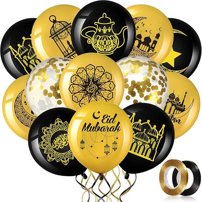 60 Pcs Ramadan Mubarak Balloons Eid Party Decor Gold Confetti Latex Set
