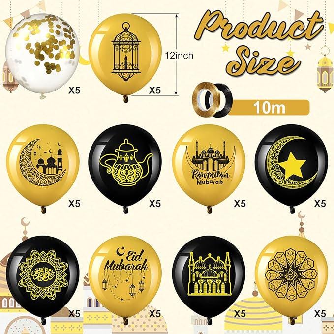 60 Pcs Ramadan Mubarak Balloons Eid Party Decor Gold Confetti Latex Set