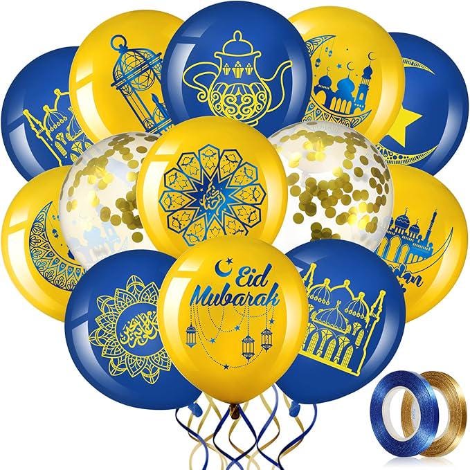 60 Pcs Ramadan Mubarak Balloons Eid Party Decor Blue Gold Latex Set 12 Inch