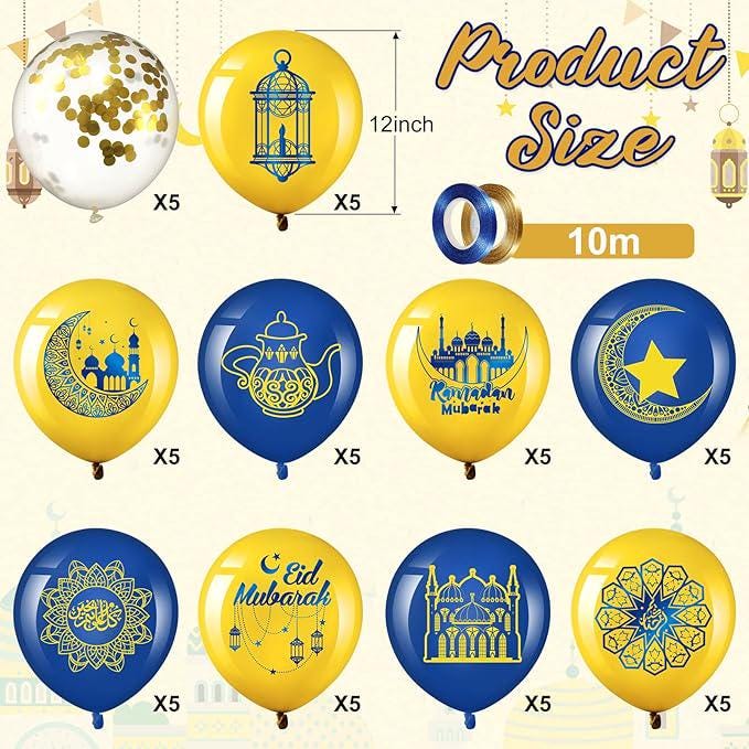 60 Pcs Ramadan Mubarak Balloons Eid Party Decor Blue Gold Latex Set 12 Inch