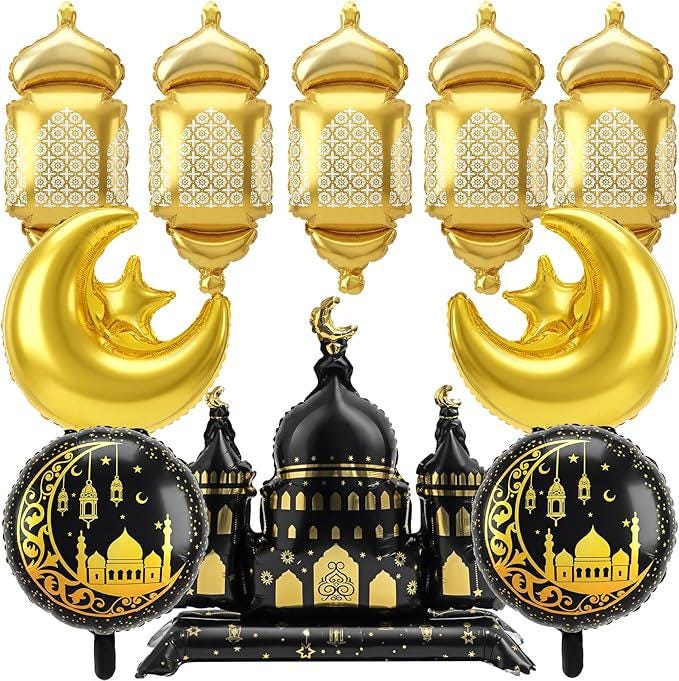 10 Pcs Eid Mubarak Foil Balloons Ramadan Lantern Moon Star Castle Decor