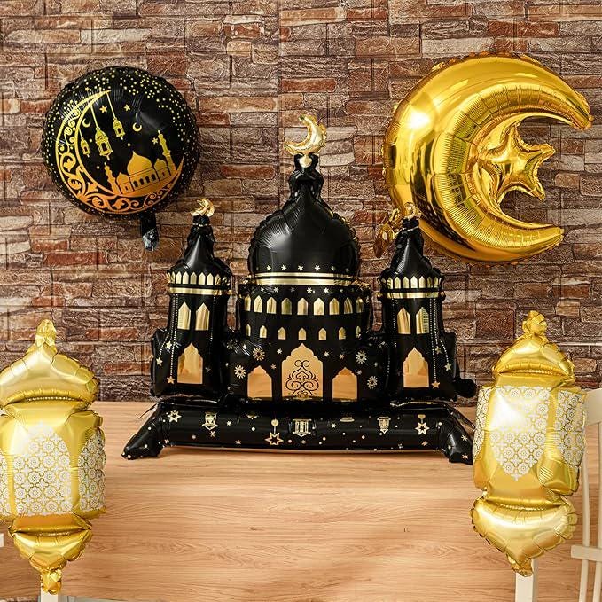 10 Pcs Eid Mubarak Foil Balloons Ramadan Lantern Moon Star Castle Decor