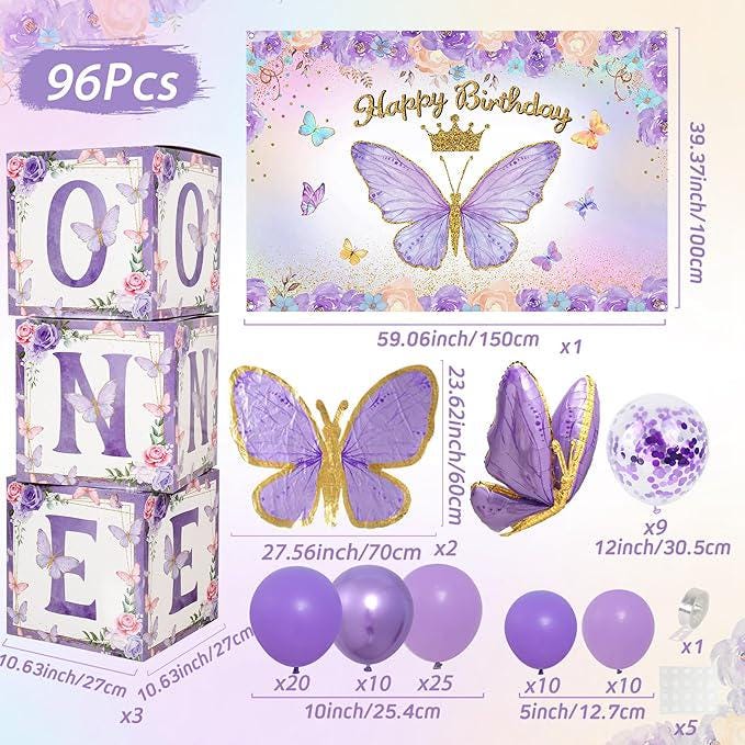 Purple Butterfly First Birthday Balloon Arch Kit with Backdrop for Girl Party