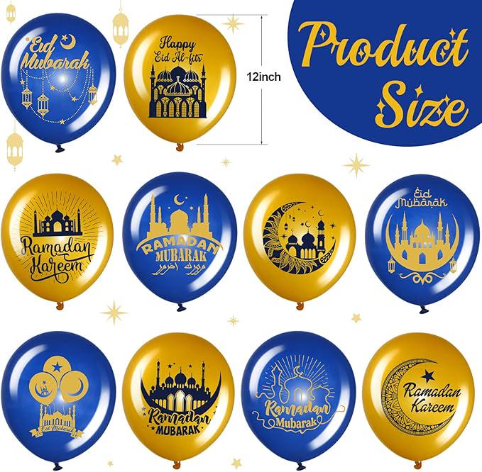 40 Pcs Ramadan Mubarak Balloons Blue Gold Eid Latex Party Decor for Home
