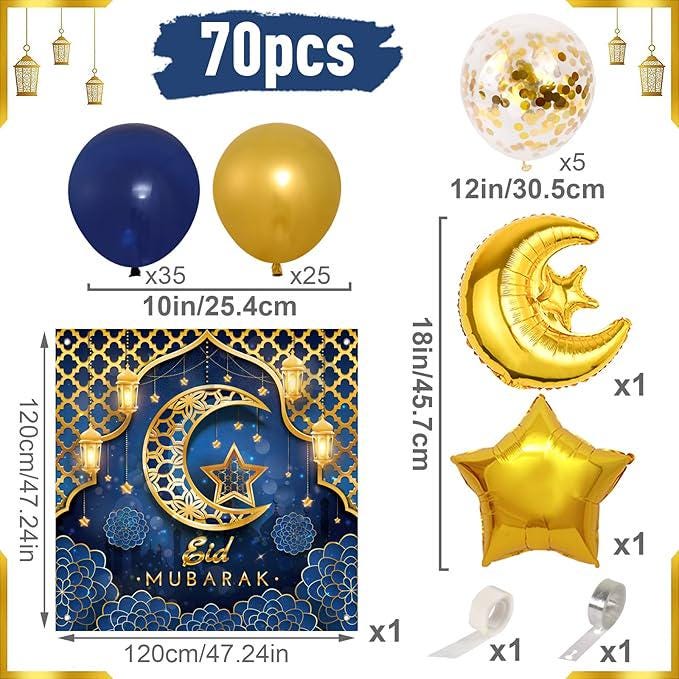 70 Pcs Eid Mubarak Decorations Blue Gold Star Moon Balloons Ramadan Banner