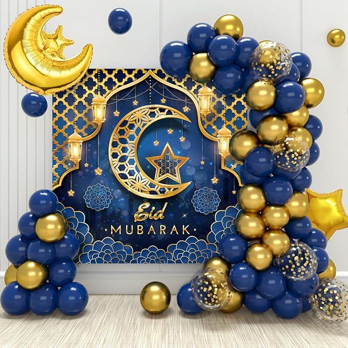 70 Pcs Eid Mubarak Decorations Blue Gold Star Moon Balloons Ramadan Banner
