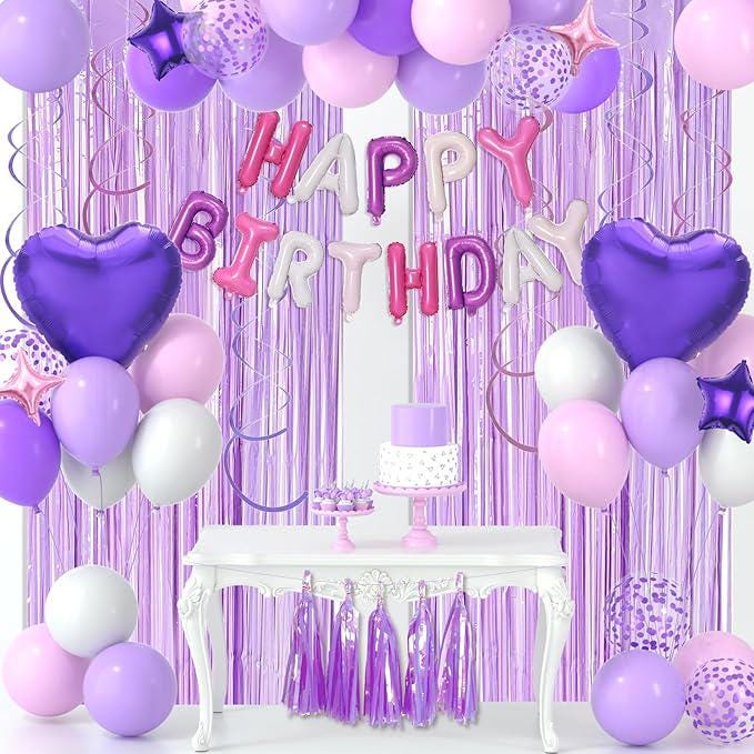 Purple Pink Birthday Decorations Balloons Banner Fringe Tassels Garland for Girls Women Party