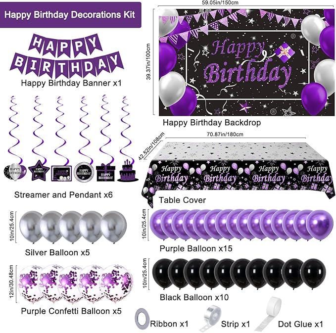 Black Purple Birthday Decorations Silver Balloons Banner Arch Swirls for Women Men Party