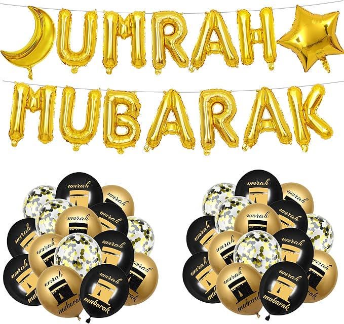 44 Pcs Umrah Mubarak Balloons Black Gold Moon Star Ramadan Eid Party Decor