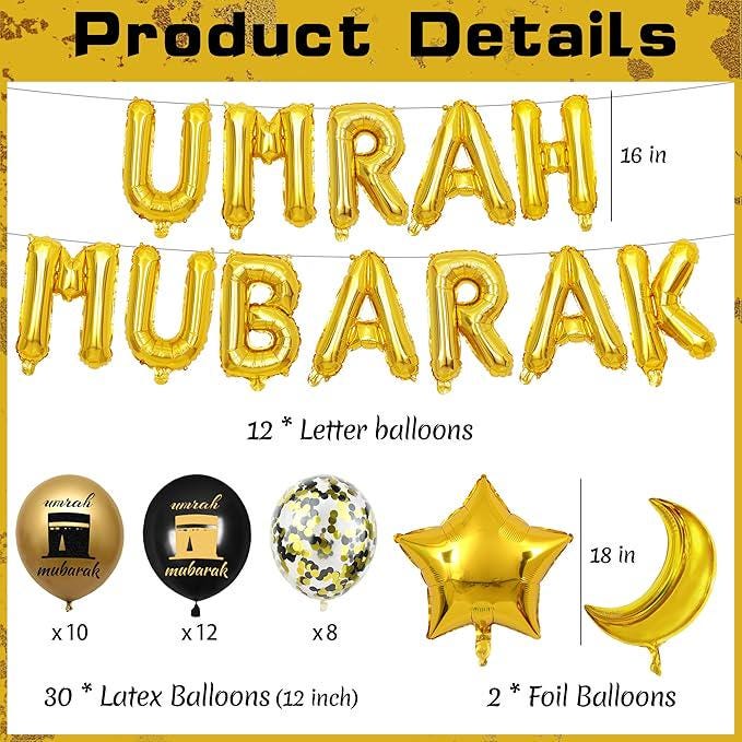 44 Pcs Umrah Mubarak Balloons Black Gold Moon Star Ramadan Eid Party Decor