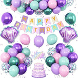 Mermaid Birthday Decorations Metallic Purple Pink Green Blue Balloons Banner for Girls Party