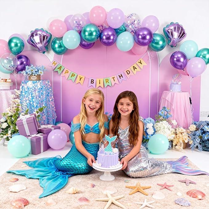 Mermaid Birthday Decorations Metallic Purple Pink Green Blue Balloons Banner for Girls Party