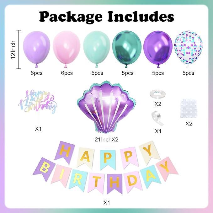 Mermaid Birthday Decorations Metallic Purple Pink Green Blue Balloons Banner for Girls Party