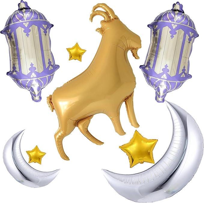8 Pcs Ramadan Balloons Gold Goat Purple Lantern Silver Moon Star Eid Party Decor