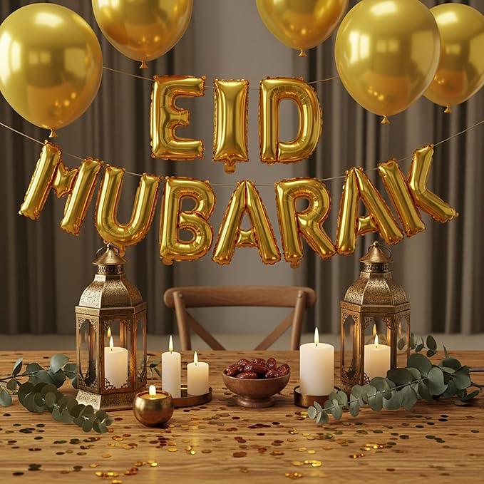 Eid Mubarak Banner 16 Inch Gold Foil Balloons Ramadan Party Decorations
