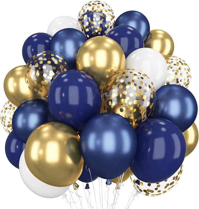 60 Pcs Navy Blue Gold Balloons 12 Inch Confetti Ribbons Birthday Eid Ramadan Decor
