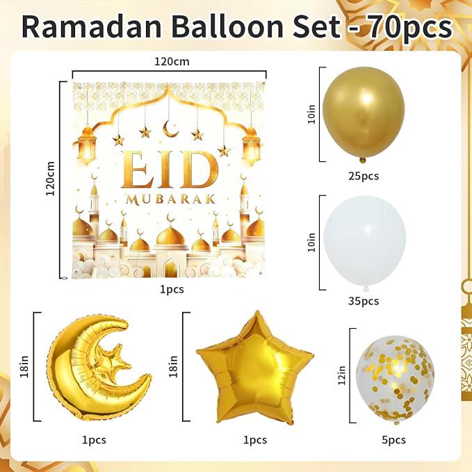 70 Pcs Eid Mubarak Balloons White Gold Moon Star Ramadan Party Decor