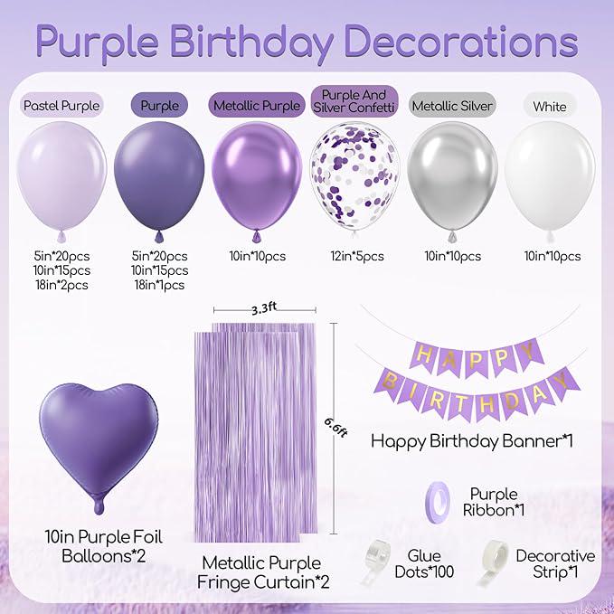 Purple Birthday Decorations Metallic Silver White Lavender Balloons Banner Fringe for Women