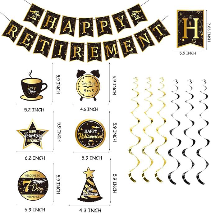 Happy Retirement Party Decorations for Men Women Black Gold Banner Backdrop Swirls