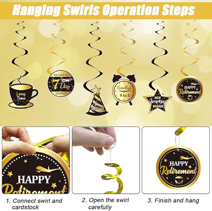 Happy Retirement Party Decorations for Men Women Black Gold Banner Backdrop Swirls