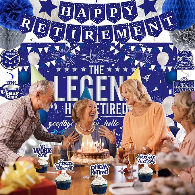 Retirement Party Decorations Blue Silver for Men Women Banner Backdrop Balloons Set