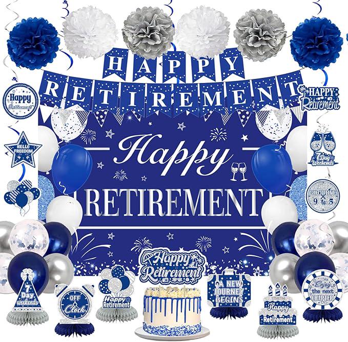 Retirement Party Decorations for Men Women Blue Silver Banner Backdrop Balloons Set