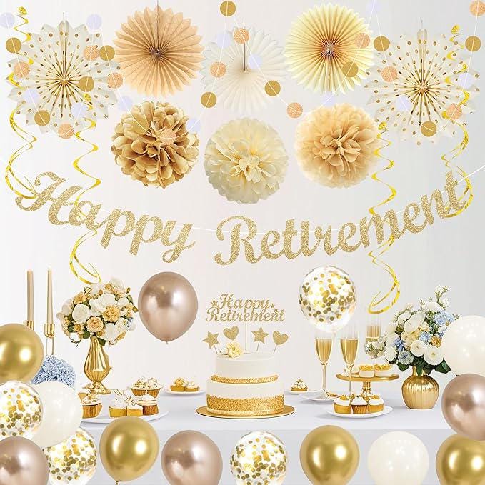 Retirement Decorations for Men Women Champagne Gold Banner Swirls Party Set