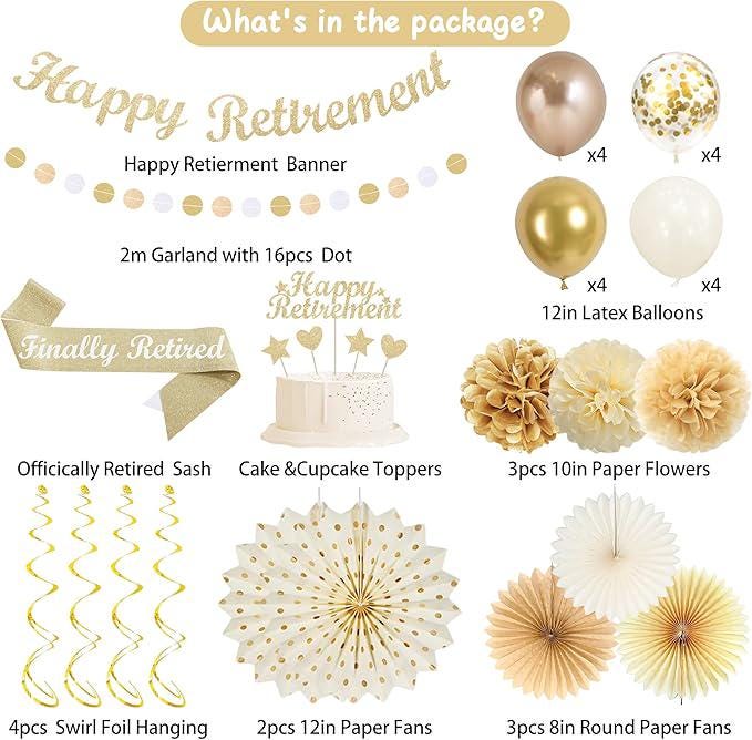 Retirement Decorations for Men Women Champagne Gold Banner Swirls Party Set