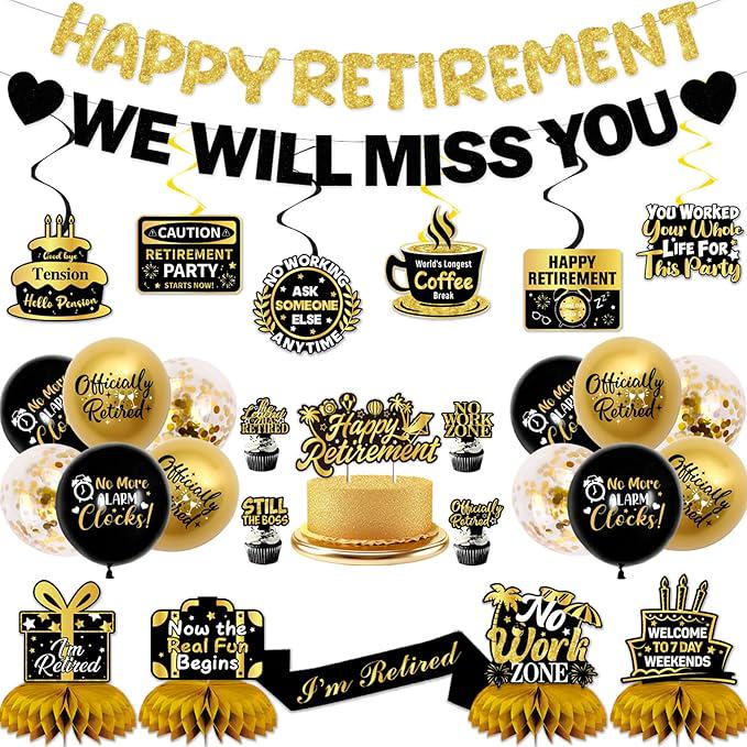 Retirement Party Decorations for Men Women Black Gold Banner Balloons Swirl Set
