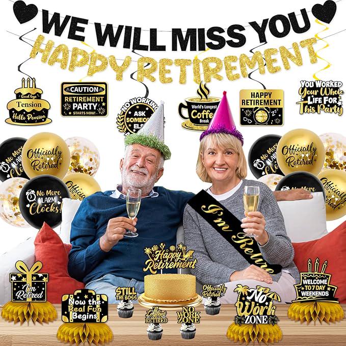 Retirement Party Decorations for Men Women Black Gold Banner Balloons Swirl Set