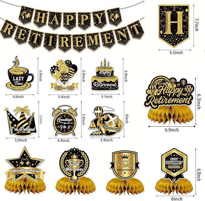 12Pcs Retirement Party Decorations Black Gold Banner Swirls Centerpiece Set