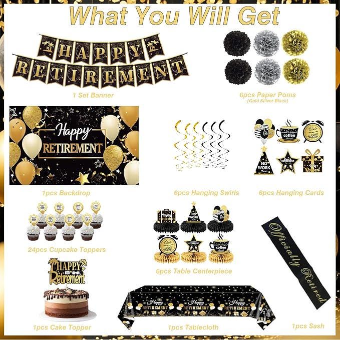 Retirement Party Decorations Banner Backdrop Swirls Tablecloth Centerpiece Set