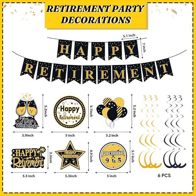 Retirement Party Decorations for Men Women Black Gold Banner Backdrop Swirl Set